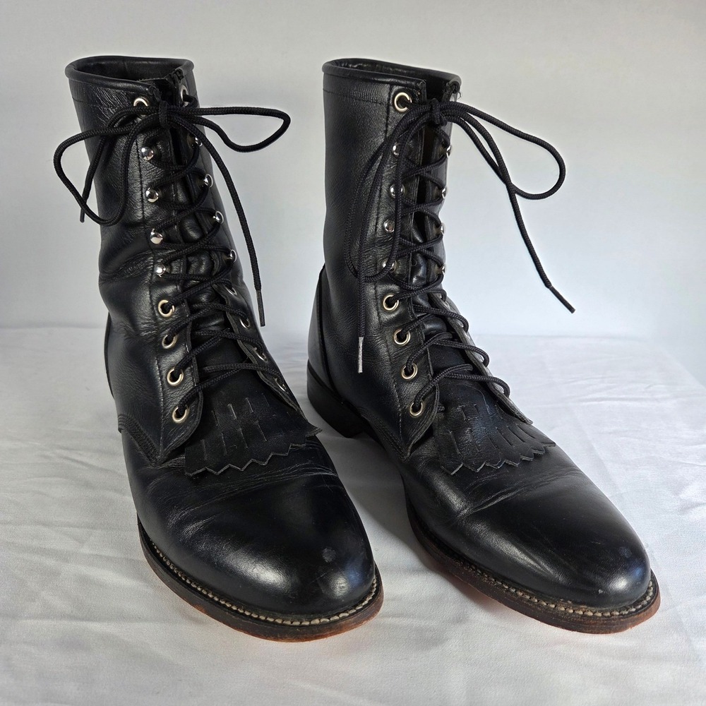 Vintage Justin Black Leather Lace Up Kiltie Western Boots Women 9 USA Made Roper